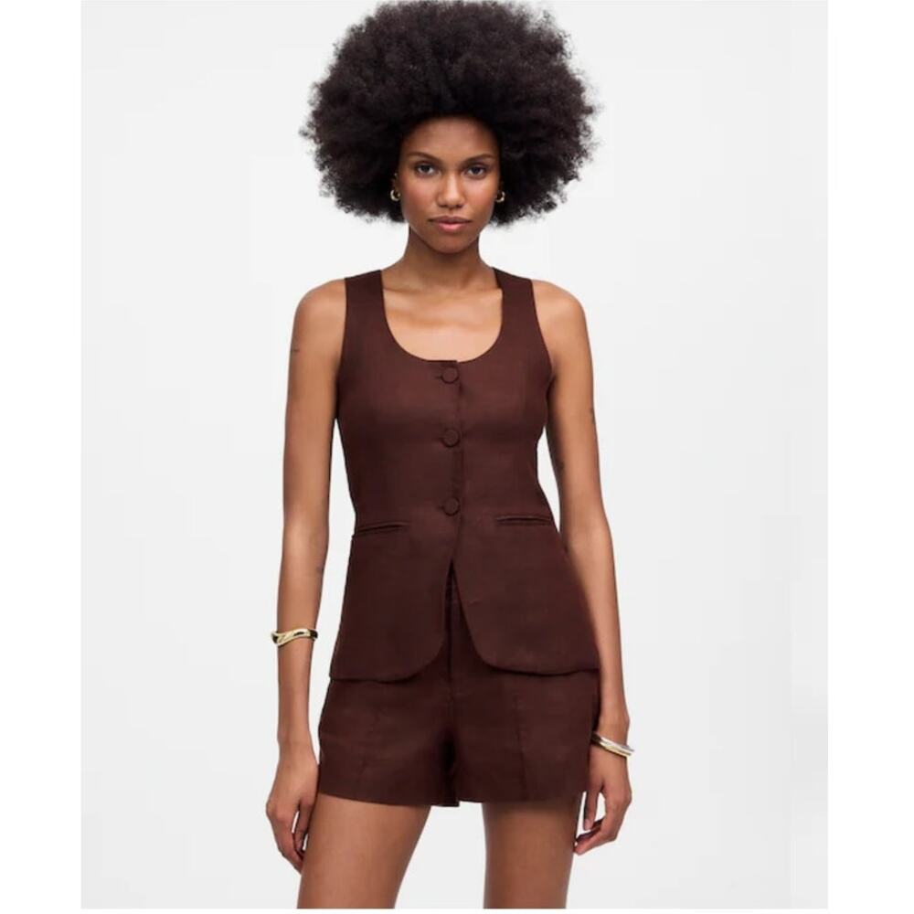 NWT Madewell Scoopneck Linen Cutaway Vest Brown 00